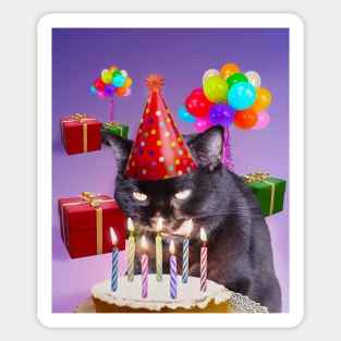 Cat Kitty Black Eating Birthday Party Cake, Funny Cute Sticker